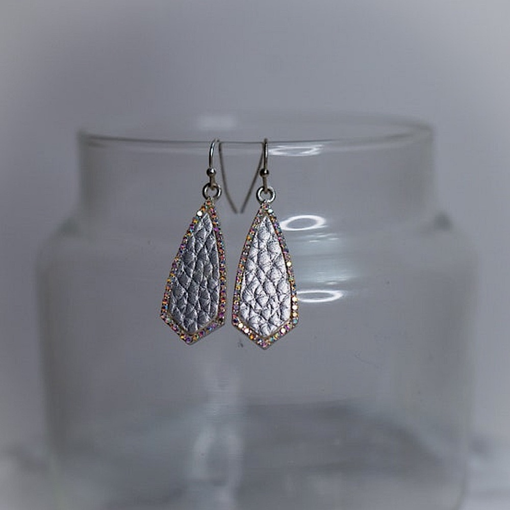 Silver faux leather hook back dangle earrings